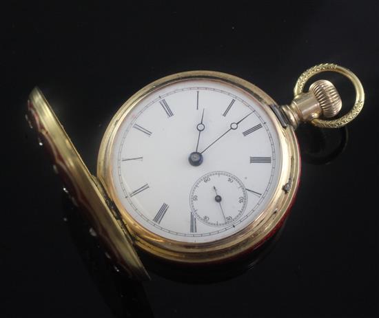 A continental 18ct gold red enamel and rose cut diamond set keyless dress fob watch,